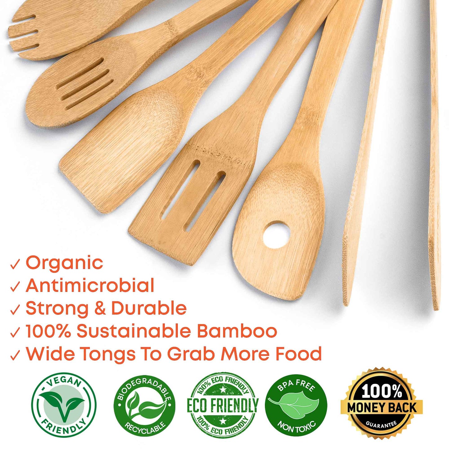 Set of Bamboo ustencils, organic, antimicrobial, strong and durable, 100% sustainable bamboo, wide tongs to grab more food