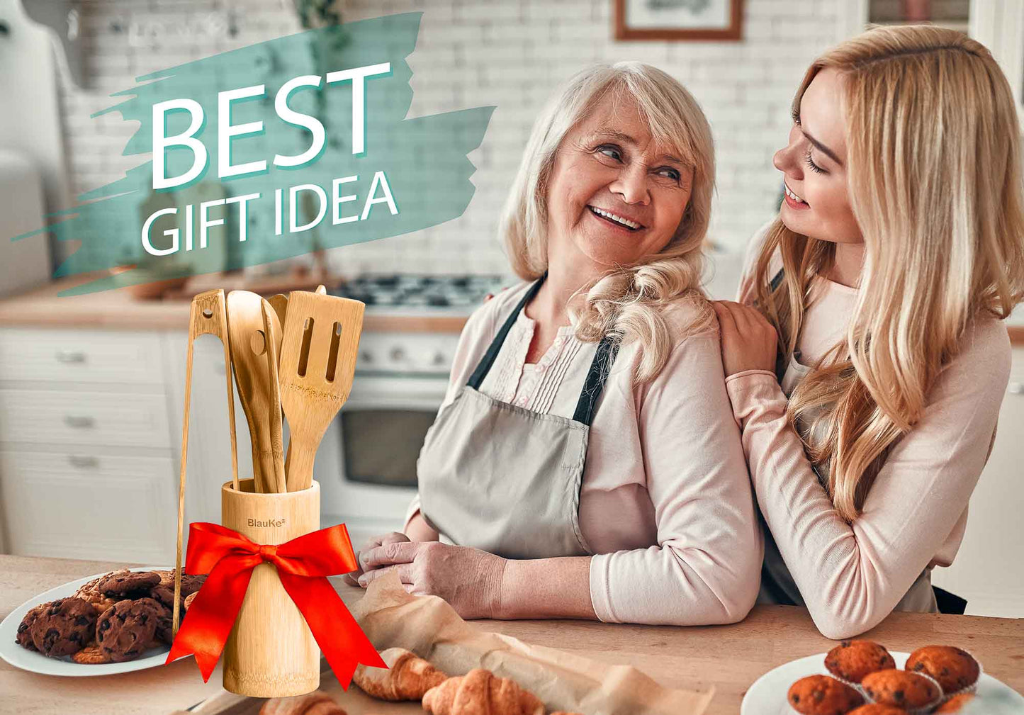 Best gift idea two blonde woman with Set of Bamboo ustencils with cookies