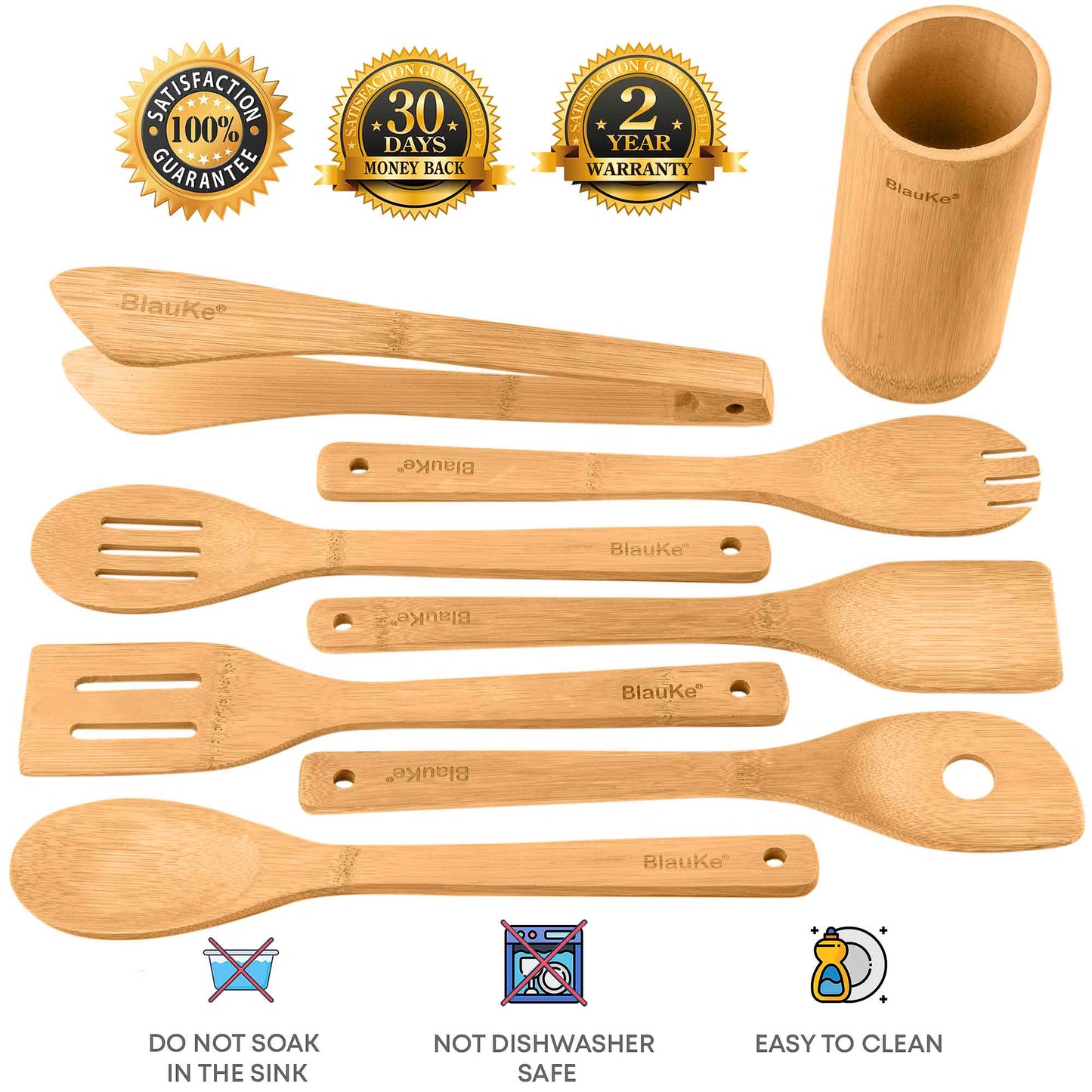 Set of Bamboo ustencils, easy to clean, do not soak in the sink, not dishwasher safe