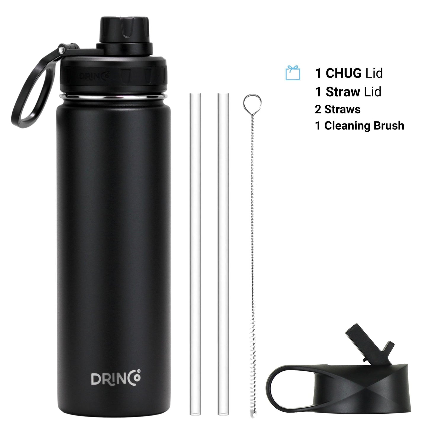 Black water bottle named Drinco with straws, cleaning brush and lid
