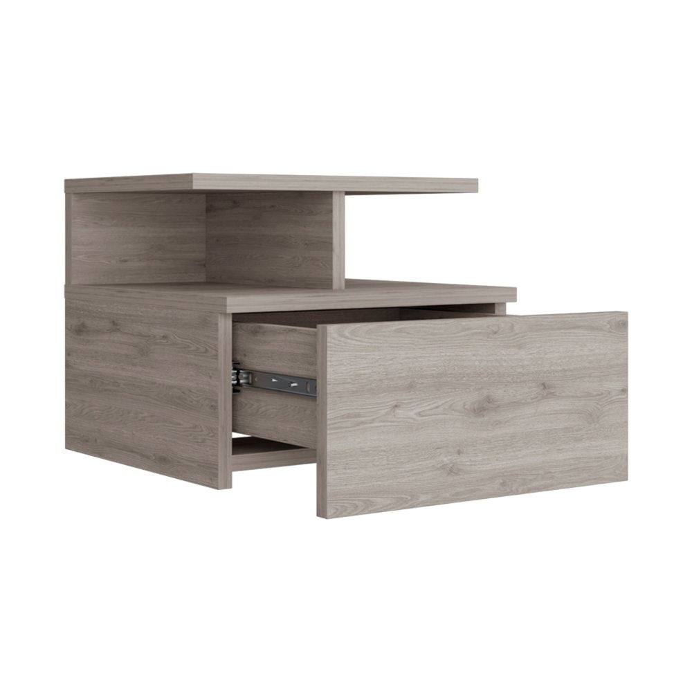 Grey floating bedside table open drawer
