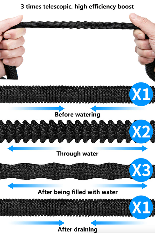 3 tims telescopic high efficiency boost garden hose before watering through water after being filled with water fter draining