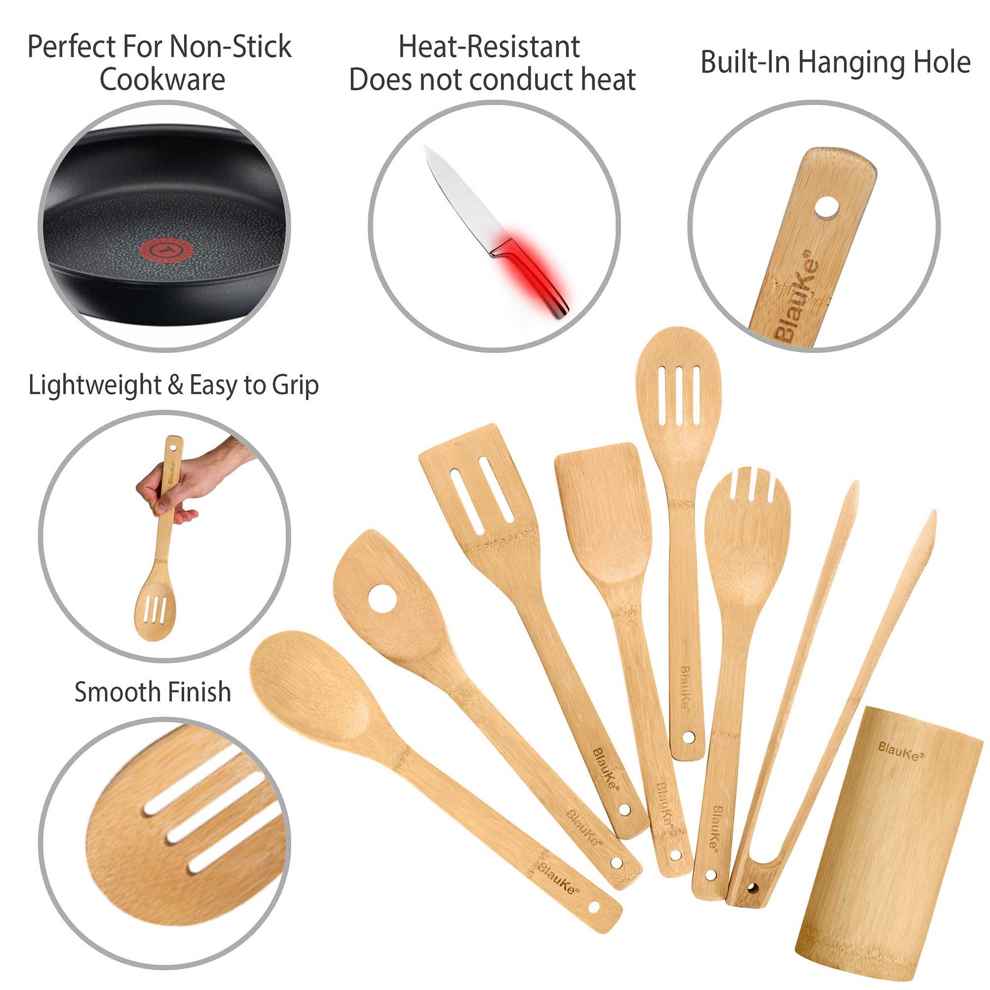 Set of Bamboo ustencils perfect for non-stick cookware, heat-resistant does not conduct heat