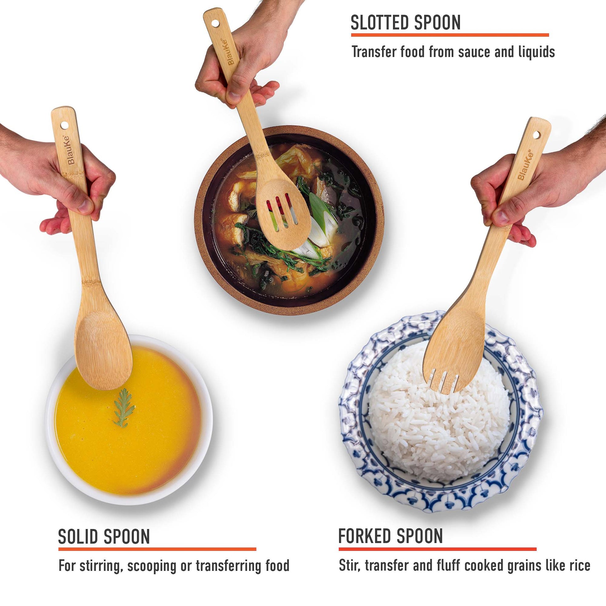 Slotted spoon, solid spoon, forked spoon and bowls with food