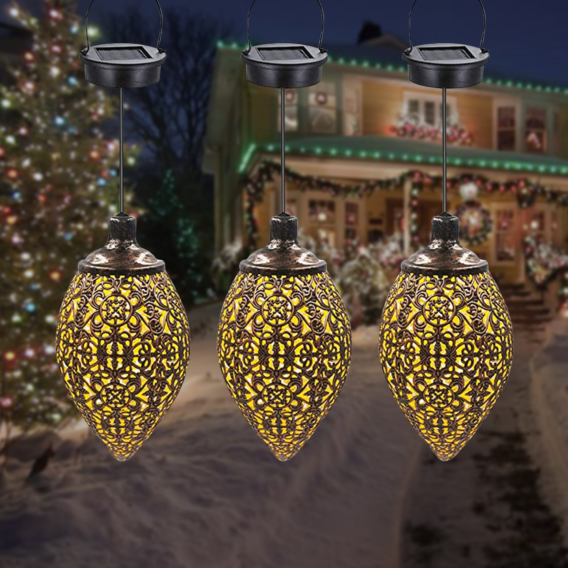 three outdoor lights at christmas