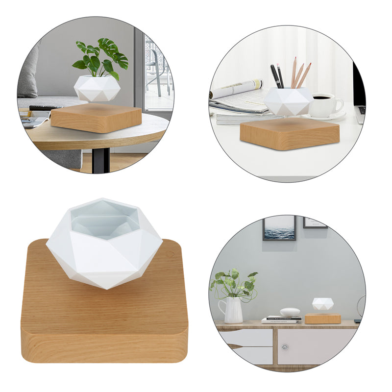 White Plant pot levitating on a wooden board