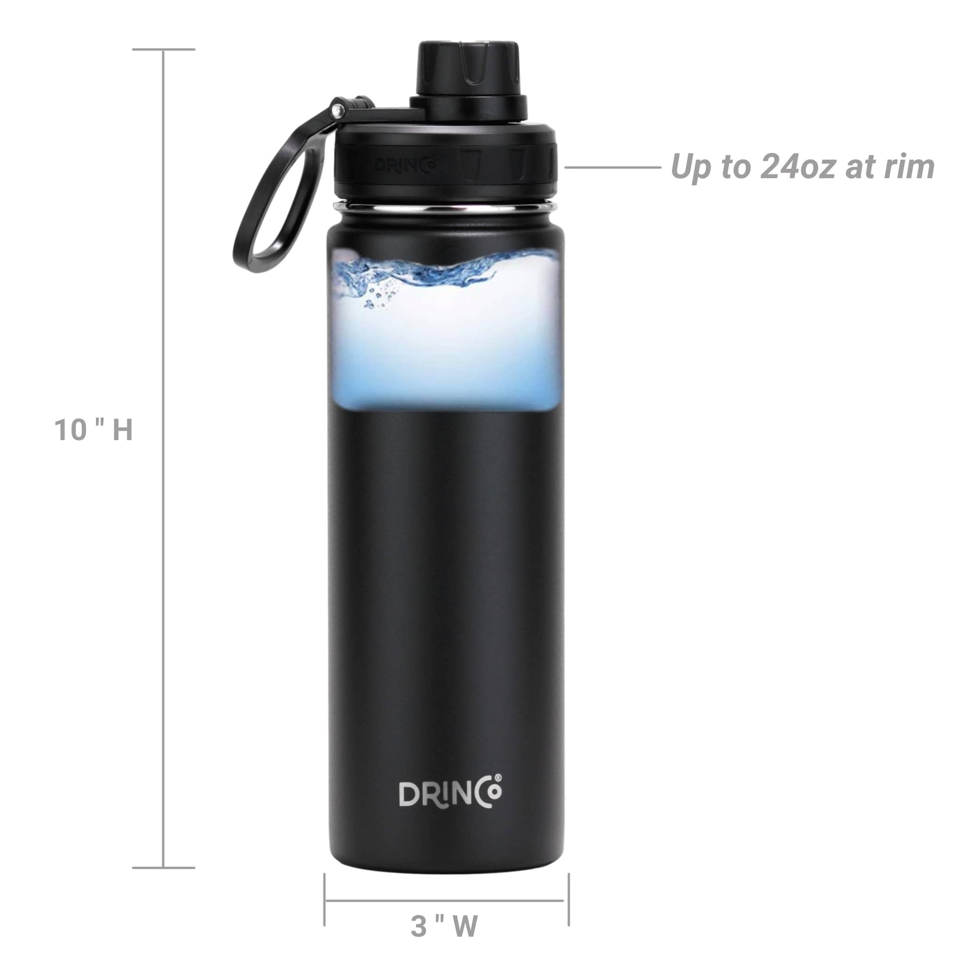 Black water bottle named Drinco 24 oz