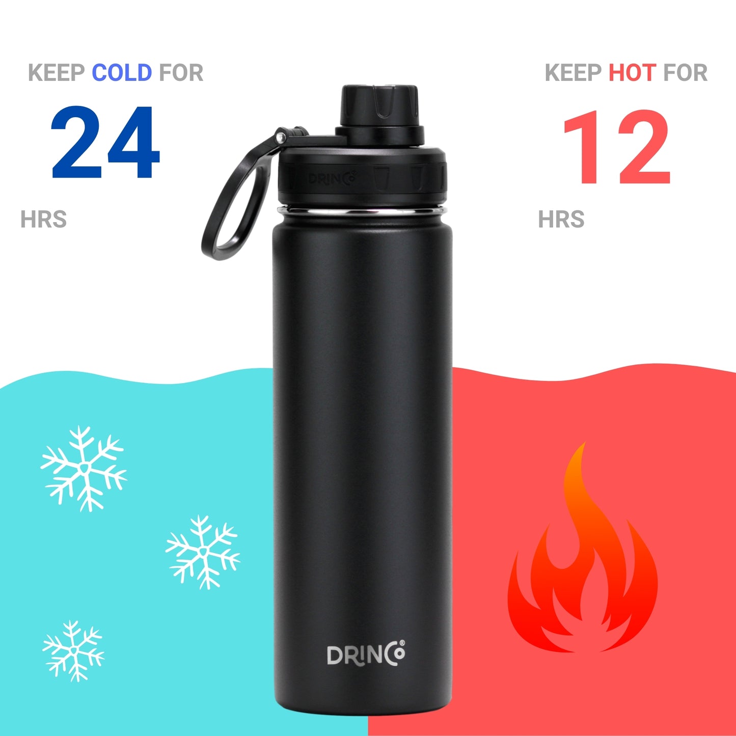 Black water bottle named Drinco hot and cold