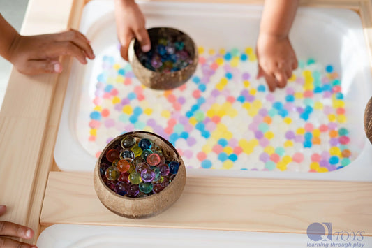 coconut bowls with beads, hands