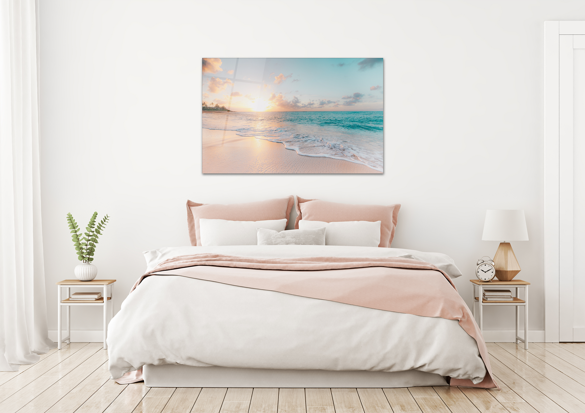 Beach wall art over a bed and two bed side tables