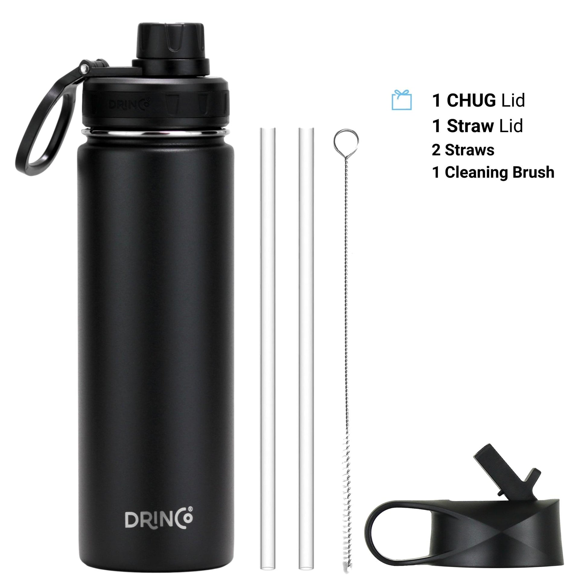 Black water bottle named Drinco with straws, cleaning brush and lid