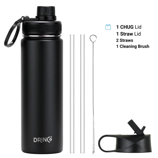 Black water bottle named Drinco with straws, cleaning brush and lid