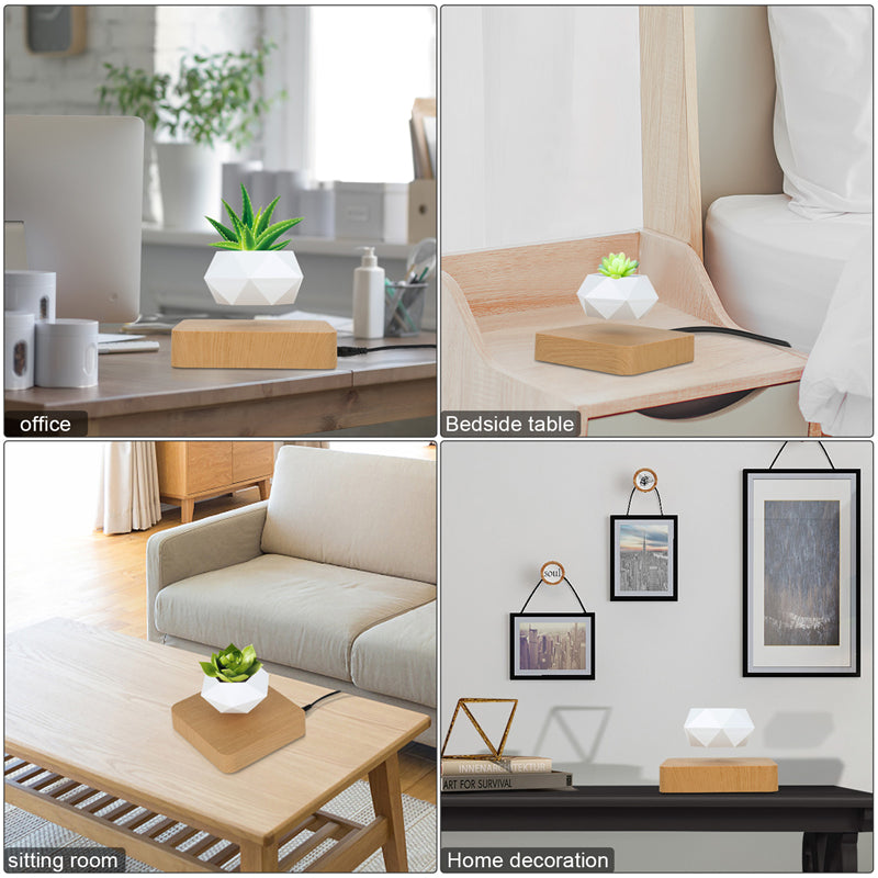 White Plant pot levitating on a wooden board