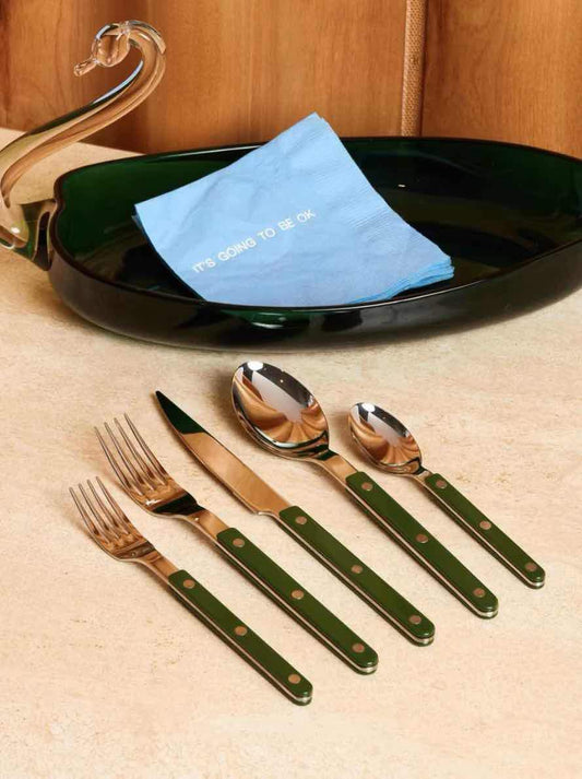 Green silver cutlery with bowl on a table